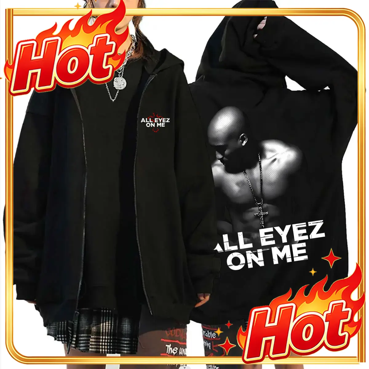 Mens Fashion Zip Up Hoodies - Rapper Tupac 2pac All Eyez on