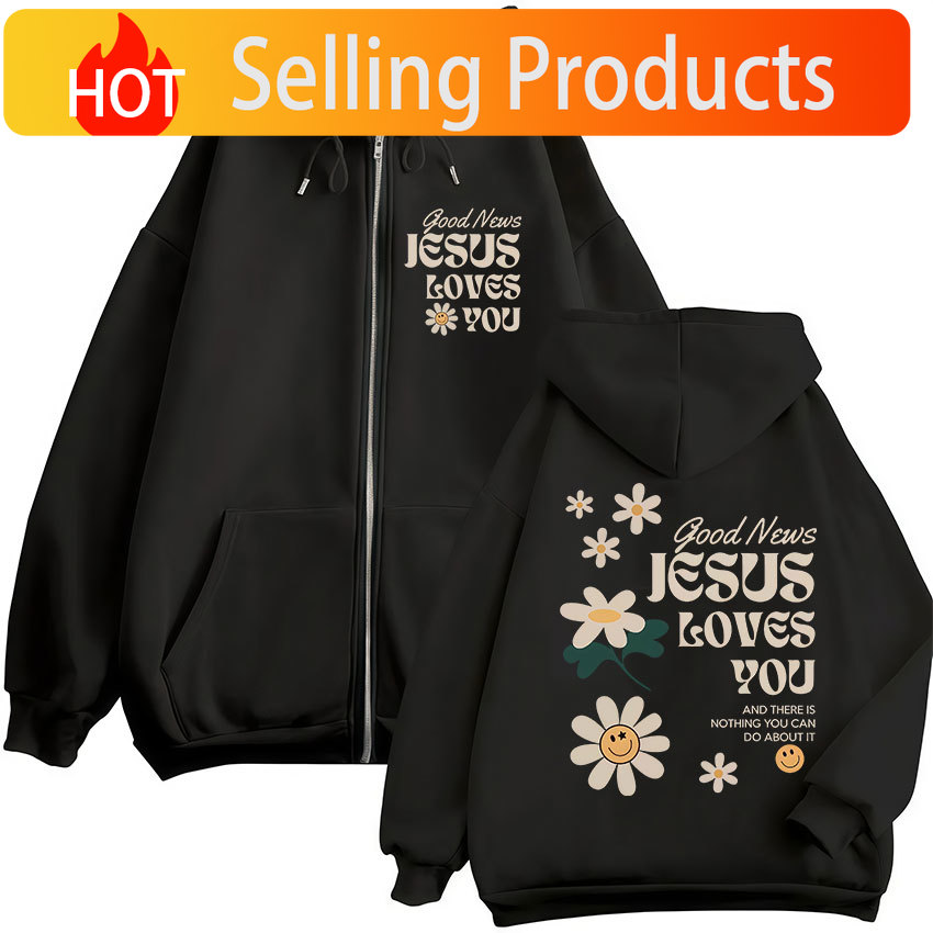 Mens Fashion Zip Up Hoodies - Good News Jesus Loves You Christian